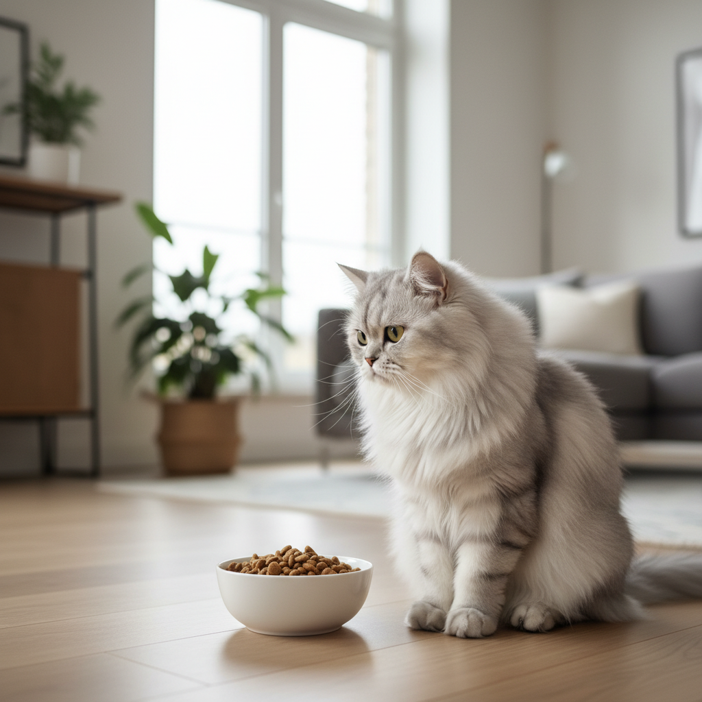 A photorealistic, high-detail shot of a beautiful, long-haired silver Persian cat sitting elegantly in a brightly lit, modern living room
