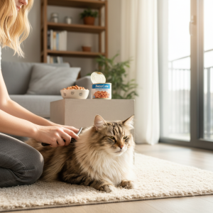 A photorealistic image capturing a heartwarming moment between a person and their long-haired cat, possibly a Norwegian Forest Cat or a Ragdoll, in a brightly lit, modern apartment living room