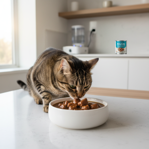 A photorealistic, bright, and airy shot of a healthy adult tabby cat in a modern kitchen