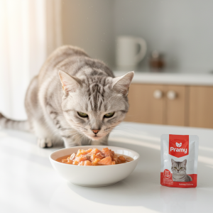 A photorealistic, bright, and airy shot of a healthy and beautiful silver tabby cat in a modern, sunlit kitchen