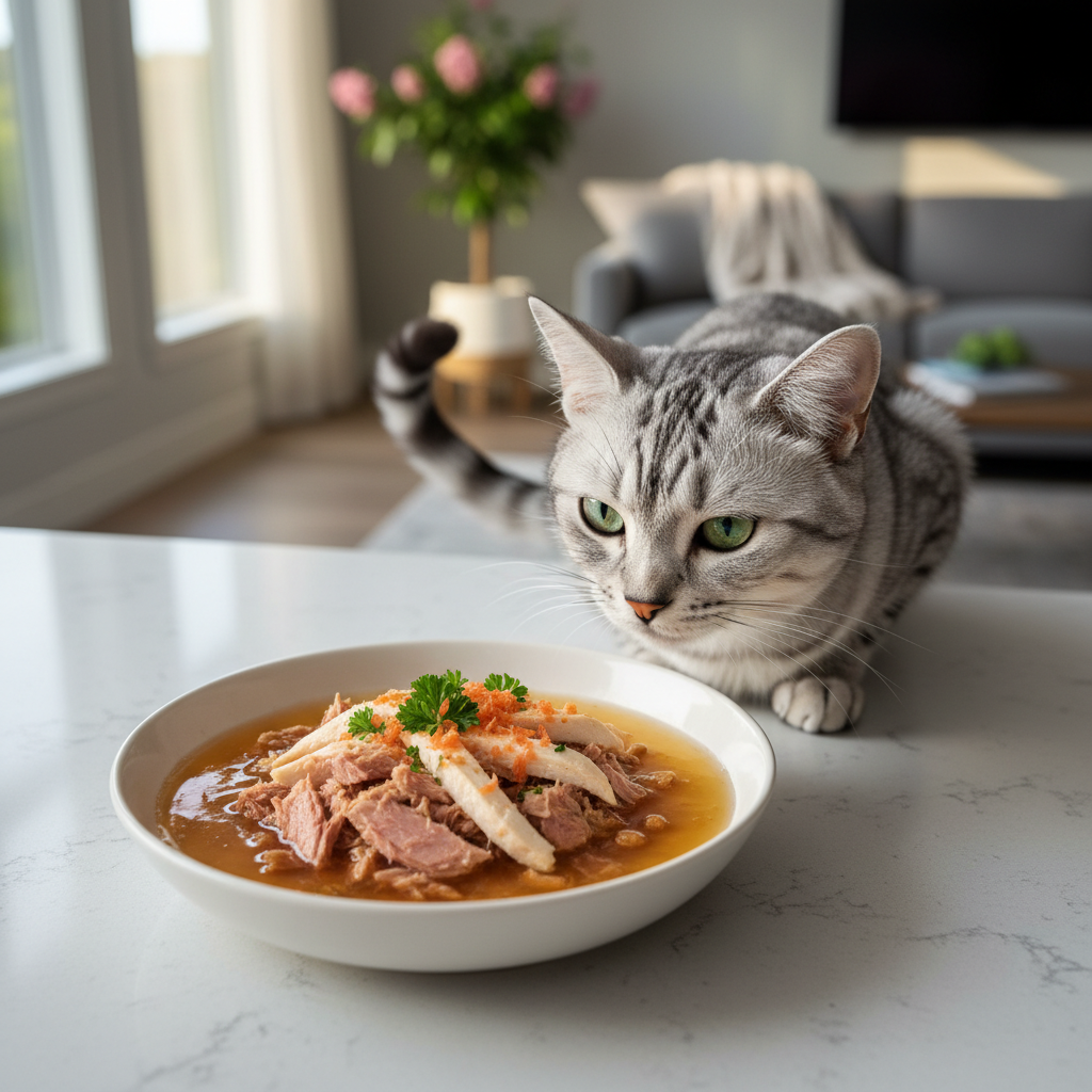 A beautifully plated bowl of gourmet wet cat food, with visible chunks of tuna and chicken in a clear jelly, sits on a clean, modern kitchen counter