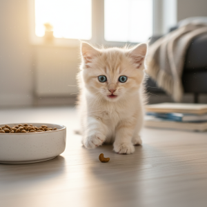 A photorealistic, heartwarming close-up shot of a fluffy, adorable 8-week-old kitten with bright blue eyes