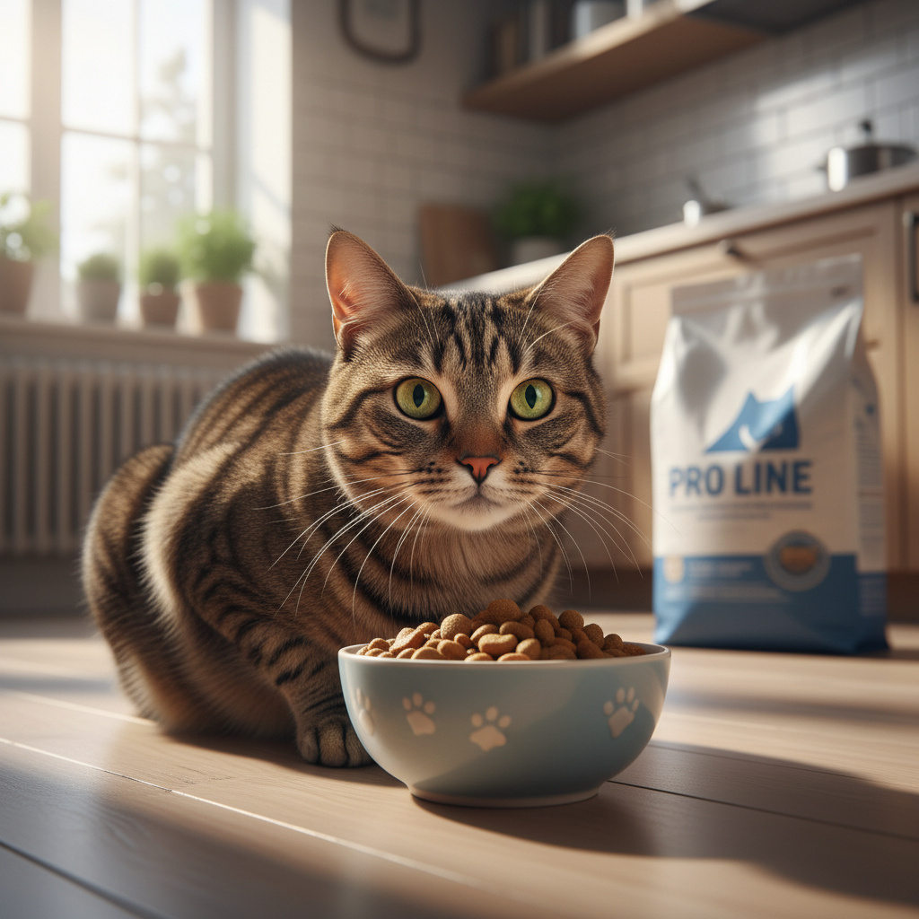 A photorealistic, high-quality shot of a beautiful domestic cat (perhaps a Tabby or a mixed breed) eagerly looking at a bowl of Pro Line cat food