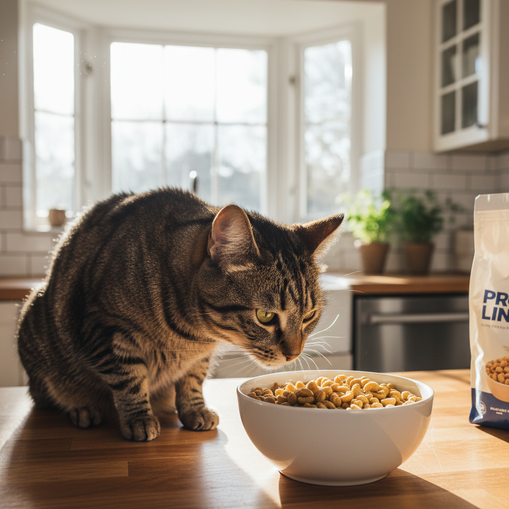 A photorealistic, high-resolution shot of a beautiful, healthy adult domestic shorthair cat with glossy tabby markings