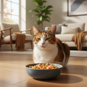 A photorealistic, heartwarming shot of a healthy, vibrant domestic cat with a glossy coat, looking contentedly at a bowl of high-quality cat food