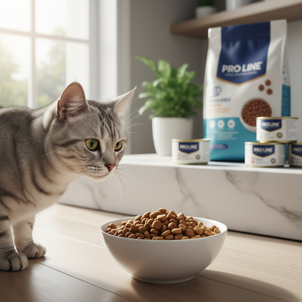 A photorealistic, heartwarming shot of a healthy adult cat, possibly a silver tabby, looking attentively at a ceramic bowl filled with Pro Line cat food
