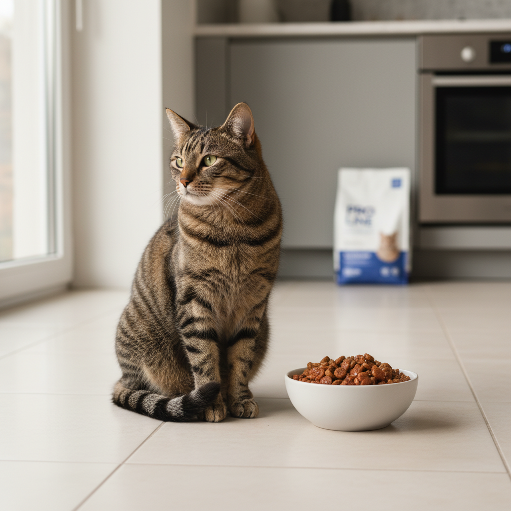 A photorealistic, bright and airy shot of a healthy and content adult domestic shorthair cat with a glossy tabby coat