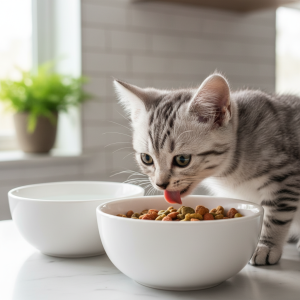 A photorealistic, heartwarming close-up shot of an adorable 3-month-old silver tabby kitten eagerly eating from a clean, white ceramic bowl