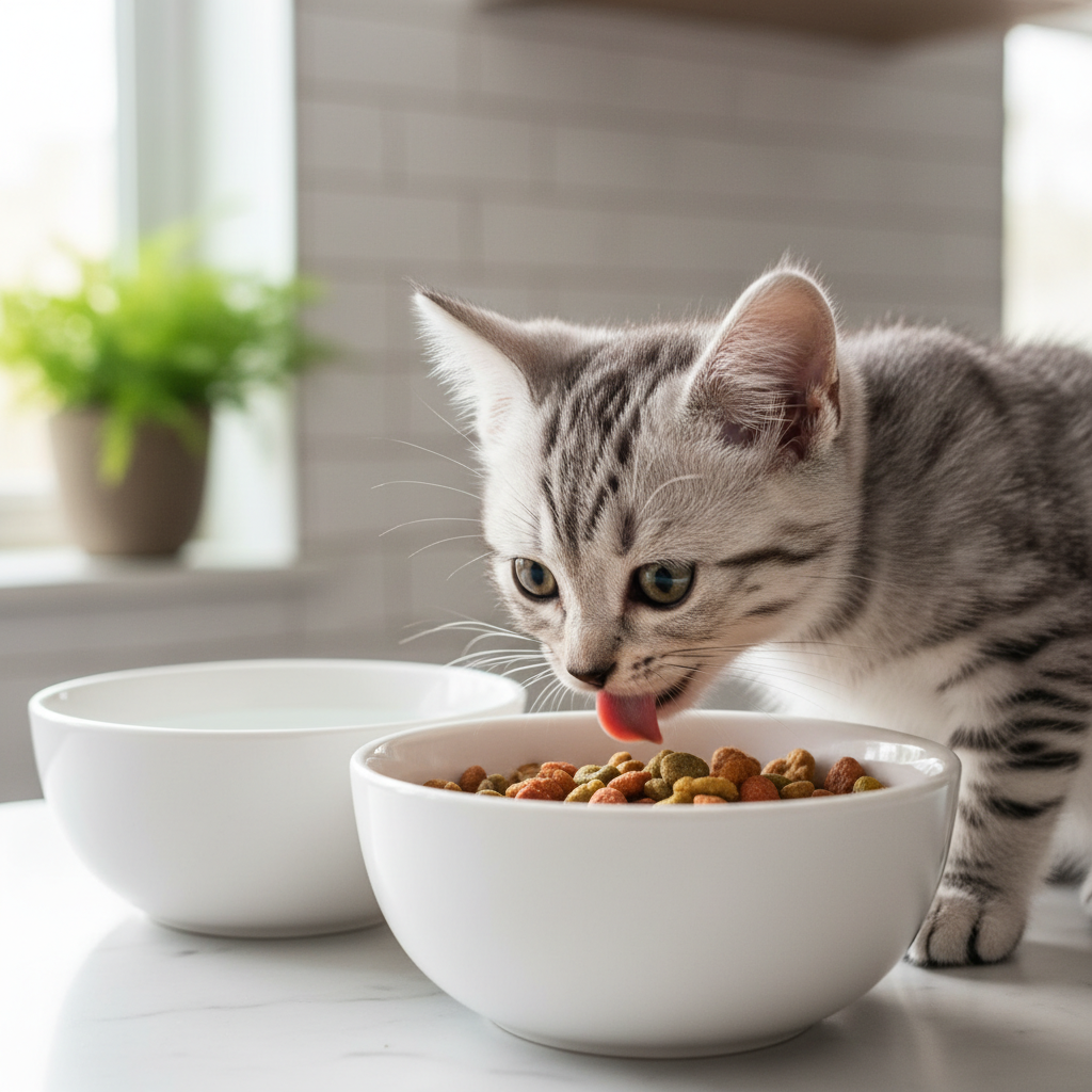 A photorealistic, heartwarming close-up shot of an adorable 3-month-old silver tabby kitten eagerly eating from a clean, white ceramic bowl