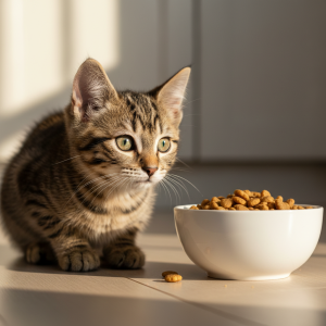 A photorealistic, close-up shot of a curious and healthy 8-week-old tabby kitten
