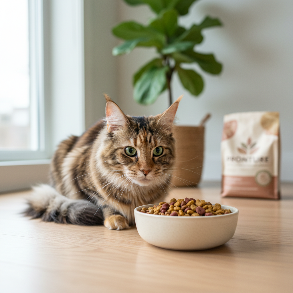A photorealistic, bright, and airy shot of a healthy adult domestic cat, perhaps a calico or a Maine Coon, eagerly looking at a ceramic bowl full of Pronature dry kibble