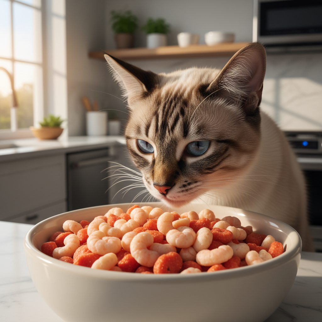 A photorealistic close-up of a healthy, elegant Siamese cat in a bright, modern kitchen setting