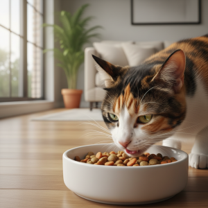 A photorealistic, close-up shot of a healthy and content adult calico cat eating from a clean, white ceramic bowl filled with dry kibble