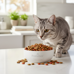 A photorealistic, heartwarming shot of a healthy adult domestic shorthair cat with glossy grey tabby fur, cautiously sniffing a ceramic bowl filled with Pronature dry kibble