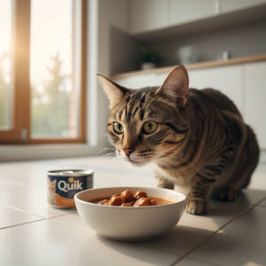 A beautiful, photorealistic shot of a healthy domestic shorthair cat with classic brown tabby markings, looking eagerly towards its food bowl