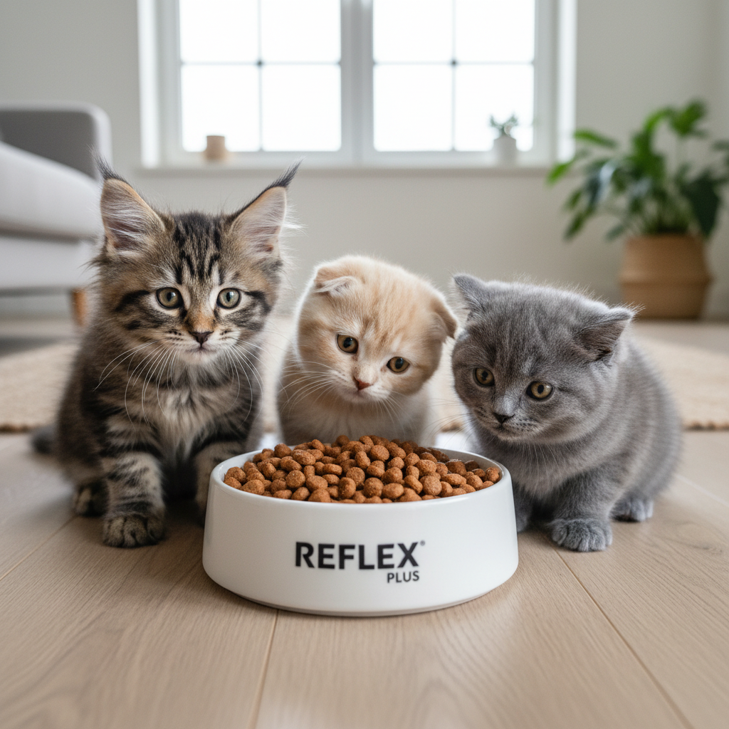 A close-up, photorealistic shot of three adorable, fluffy kittens of different breeds (a Maine Coon, a Scottish Fold, and a British Shorthair) curiously gathered around a clean, white ceramic bowl...