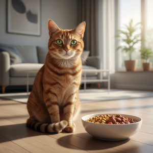 A stunning, photorealistic shot of a healthy adult cat with a glossy, vibrant coat, curiously looking towards the camera