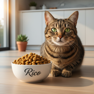 A photorealistic, heartwarming shot of a healthy and content domestic cat, possibly a European Shorthair with sleek fur, sitting beside a clean, white ceramic bowl filled with Rico brand kibble