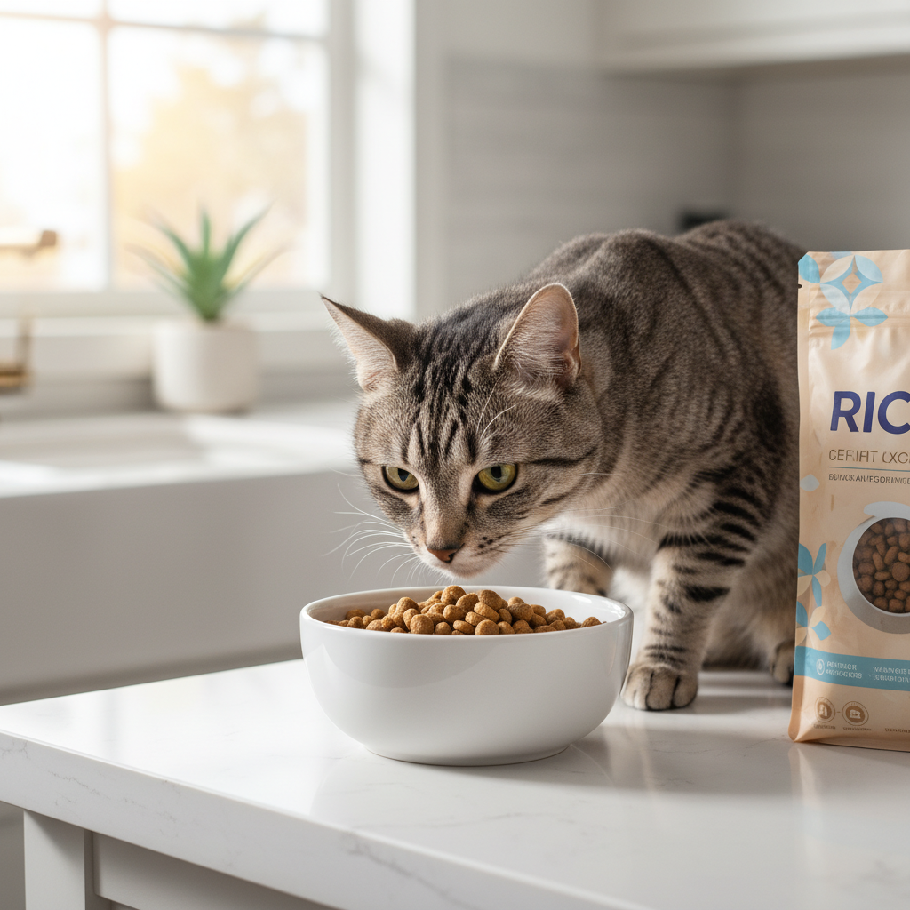 A photorealistic shot of a healthy domestic shorthair cat with a glossy grey tabby coat, curiously sniffing a clean ceramic bowl filled with Rico brand cat food