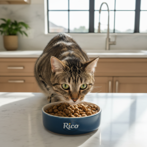 A beautiful, healthy adult Domestic Shorthair cat with striking tabby markings is keenly focused on a ceramic bowl filled with Rico brand dry kibble