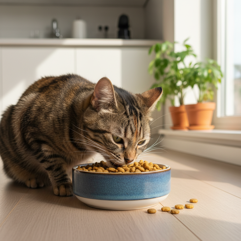 A healthy, beautiful adult cat (perhaps a domestic shorthair with tabby markings) is eagerly eating dry kibble from a clean, modern ceramic bowl