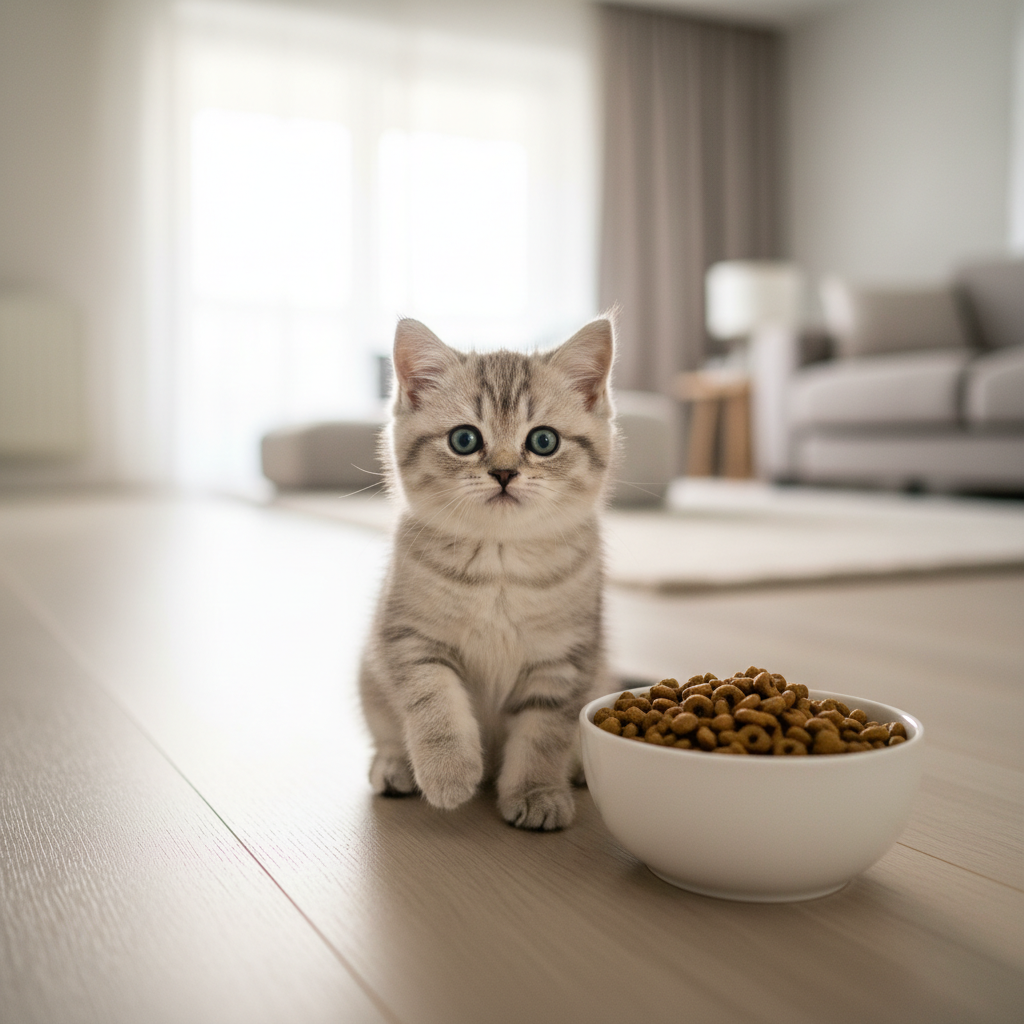 A photorealistic, heartwarming shot of a fluffy, adorable British Shorthair kitten, around 3 months old