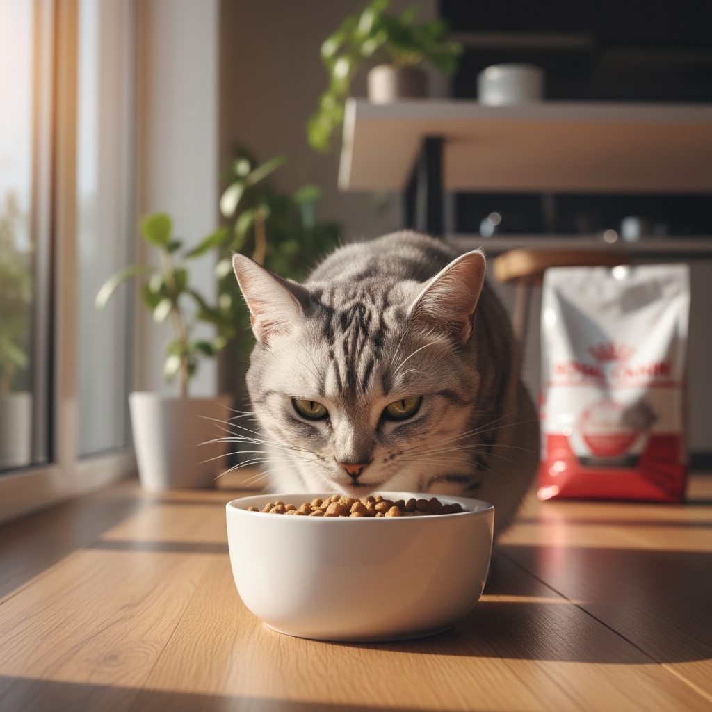A photorealistic, warm-toned, eye-level shot of a beautiful, healthy cat (a silver tabby) eating Royal Canin kibble from a clean, white ceramic bowl