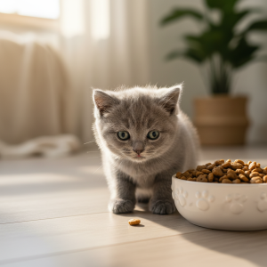 A photorealistic, heartwarming close-up shot of a fluffy, adorable British Shorthair kitten, about 8 weeks old, with large curious blue eyes