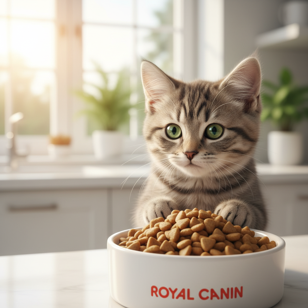 A close-up, photorealistic shot of a healthy, vibrant kitten, perhaps a British Shorthair or a domestic shorthair, with bright, curious eyes