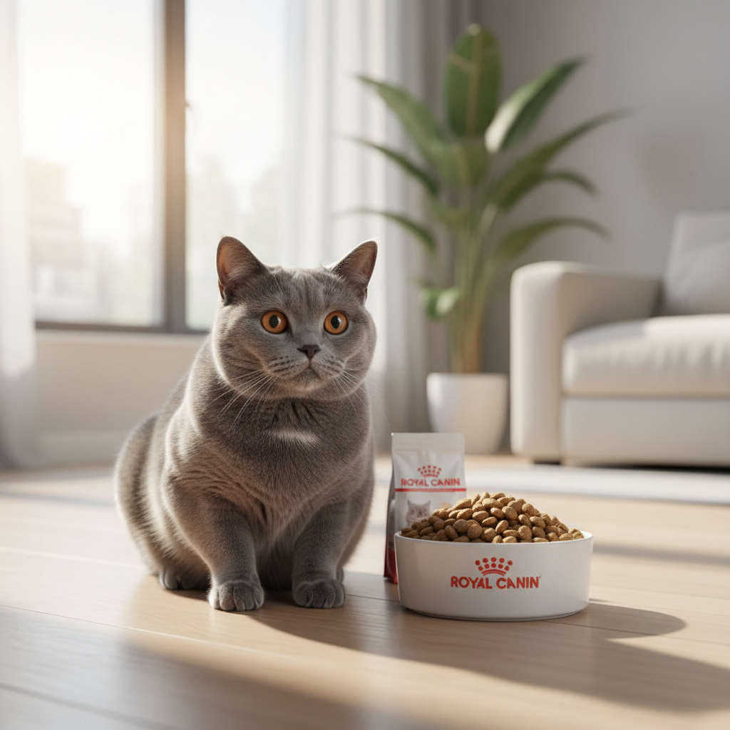 A photorealistic, elegant shot of a healthy British Shorthair cat in a brightly lit, modern living room