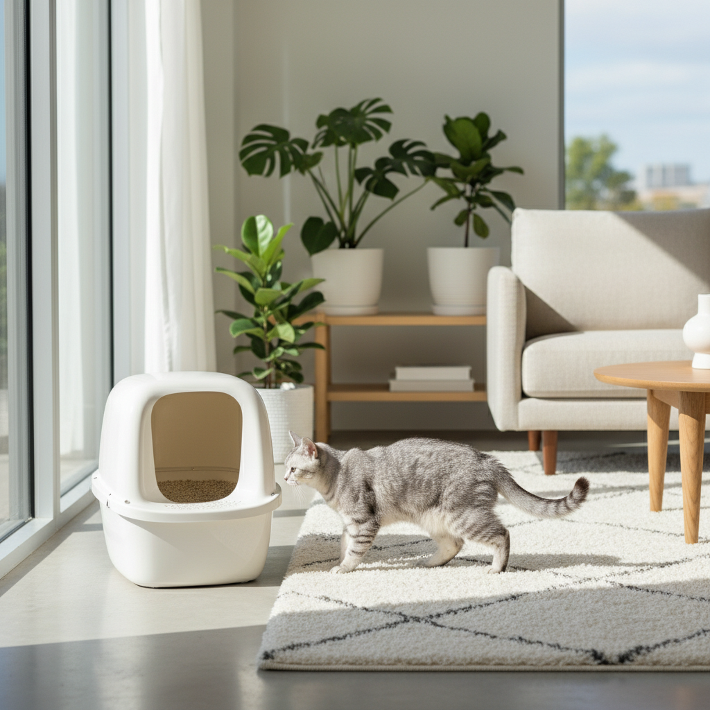 A photorealistic, bright, and airy interior shot of a modern living room