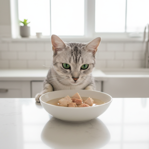 A photorealistic, bright, and airy shot of a healthy adult cat in a modern kitchen