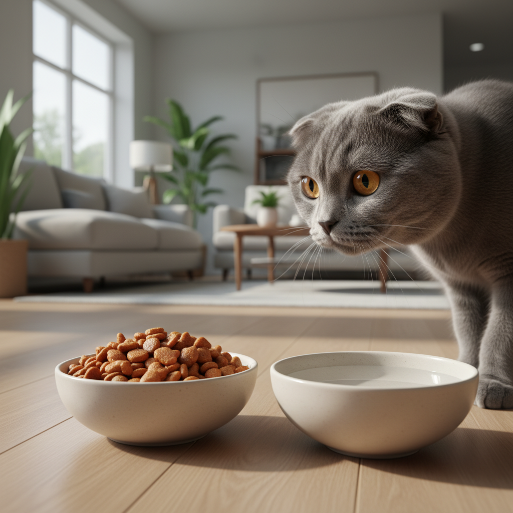 A beautiful, photorealistic shot of a grey Scottish Fold cat with its characteristic folded ears, looking attentively at a high-quality bowl of salmon-based kibble