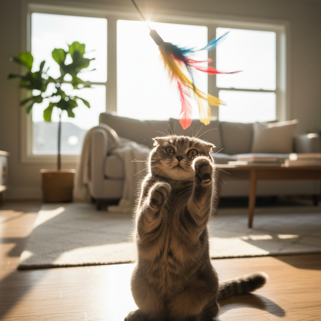 A beautiful grey Scottish Fold cat with its distinct folded ears is the center of attention in a cozy, modern living room