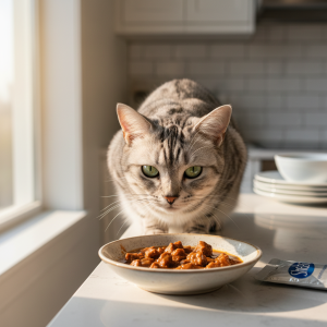 A photorealistic, heartwarming shot of a beautiful Silver Tabby cat in a modern, sunlit kitchen