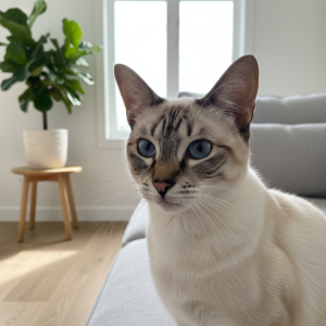 A photorealistic, high-resolution shot of a graceful Siamese cat with striking blue almond-shaped eyes, sitting elegantly on a light gray minimalist sofa