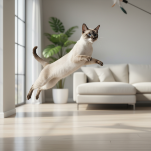 A photorealistic, high-resolution shot of a graceful Siamese cat in the middle of a playful pounce