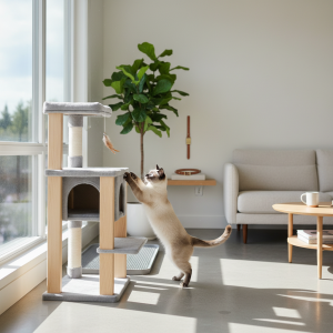 A photorealistic, bright, and airy interior shot of a modern living room