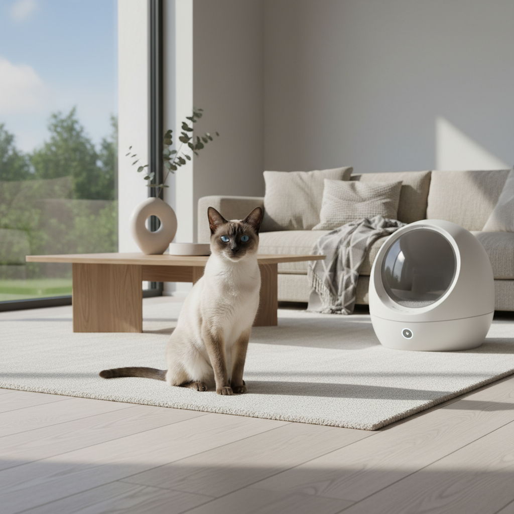 A photorealistic, high-resolution image of an elegant Siamese cat with striking deep blue eyes sitting gracefully in a pristine, modern living room