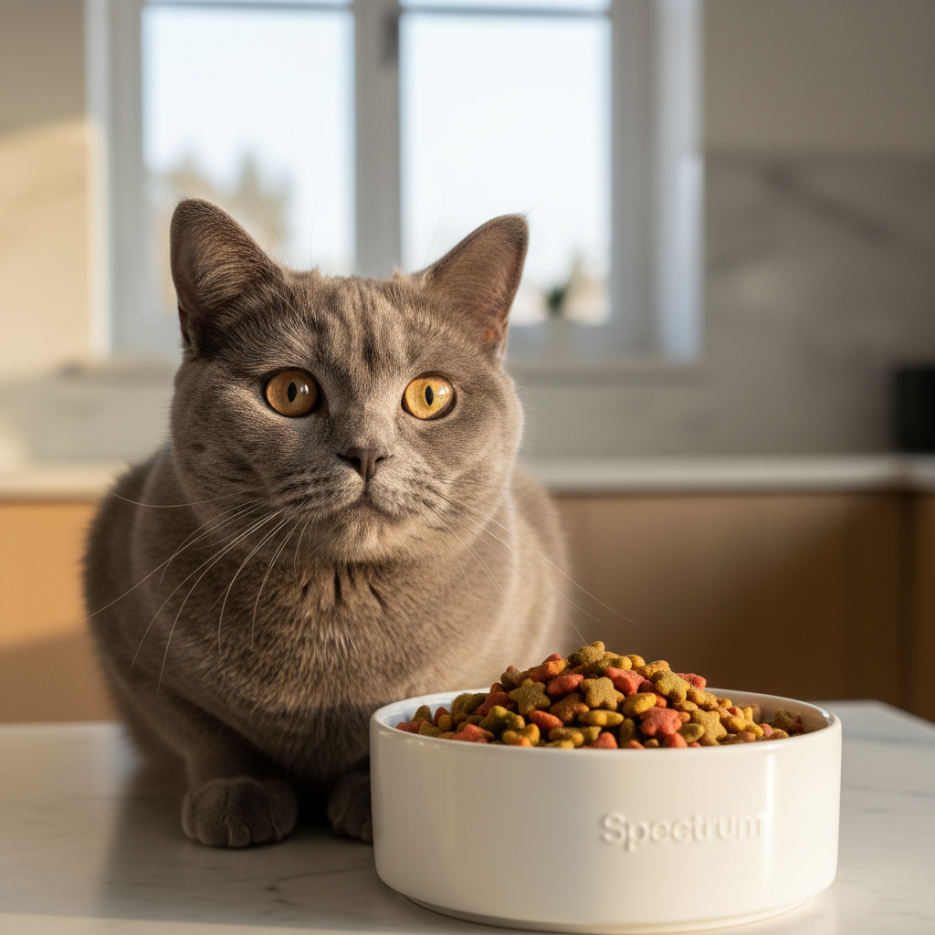 A photorealistic close-up shot of a beautiful, healthy British Shorthair cat with glossy grey fur
