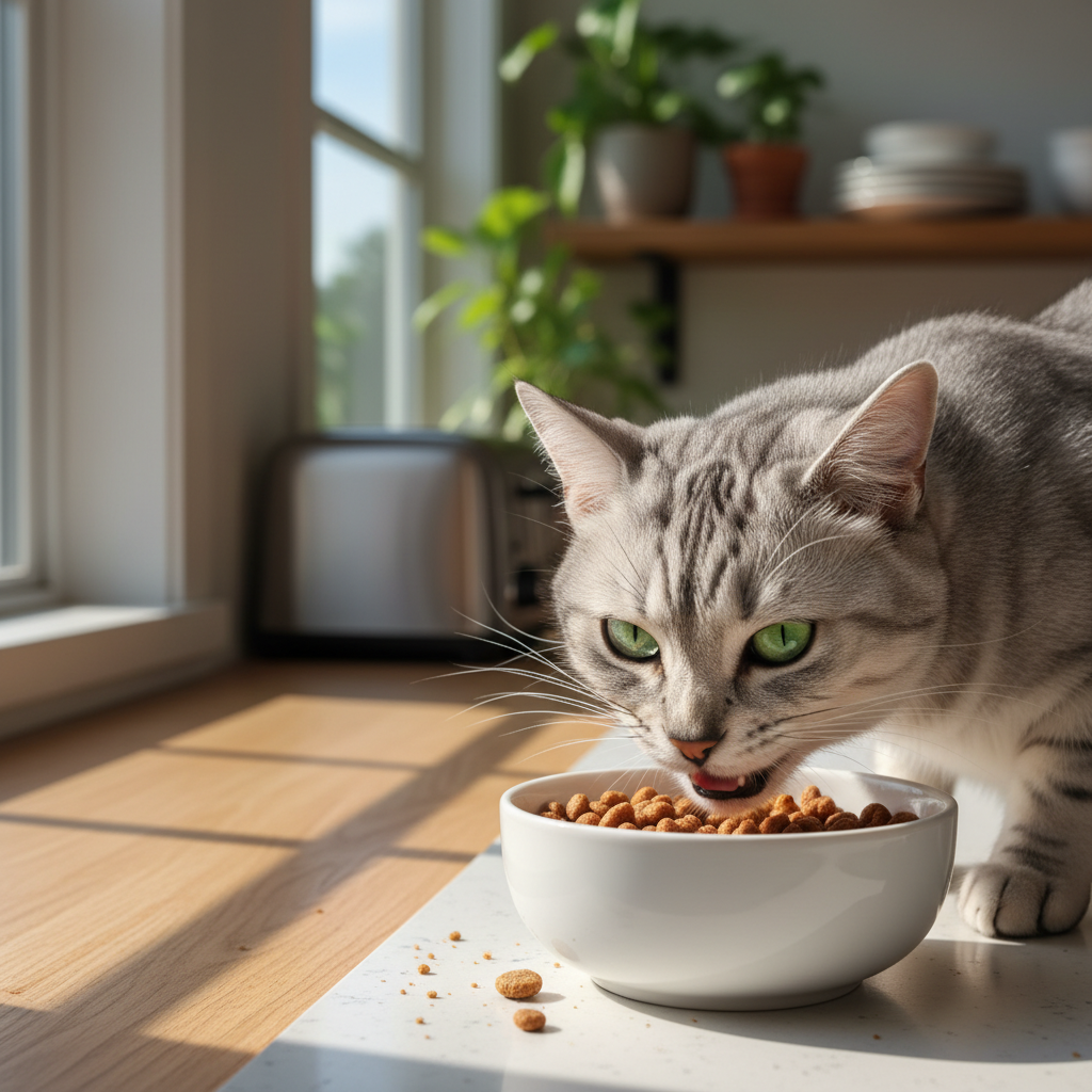 A photorealistic, heartwarming indoor shot of a healthy adult cat enjoying its meal
