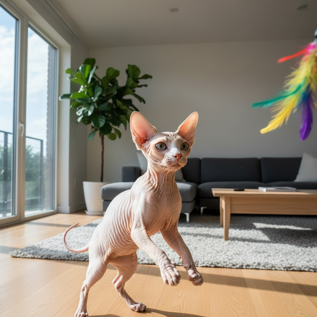 A photorealistic, high-resolution image of a playful Sphynx cat in a modern, sunlit living room