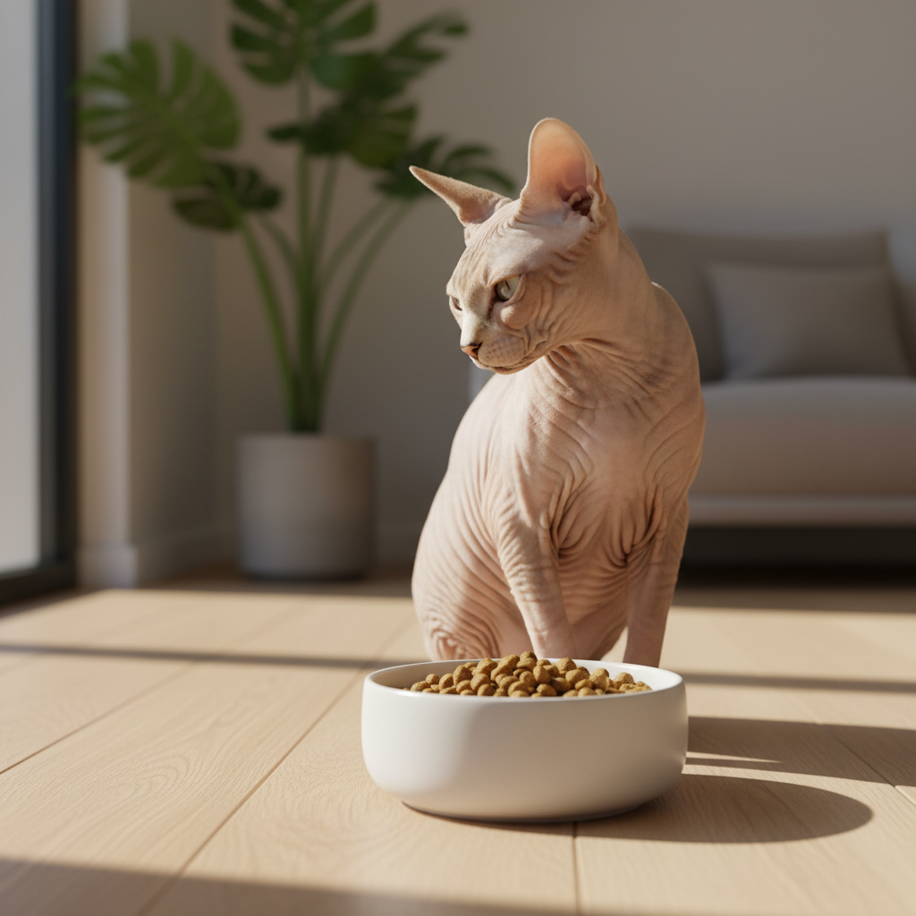 A stunningly elegant Sphynx cat is the main subject in a bright, modern living room