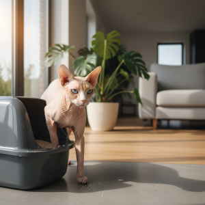 A photorealistic, high-resolution shot of a graceful Sphynx cat stepping out of a modern, minimalist grey litter box