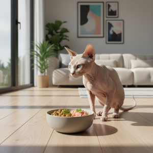 A photorealistic, high-resolution image capturing a healthy and elegant Sphynx cat in a modern, sunlit home interior