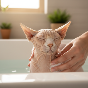 A photorealistic, heartwarming close-up shot of a hairless Sphynx cat enjoying a gentle bath