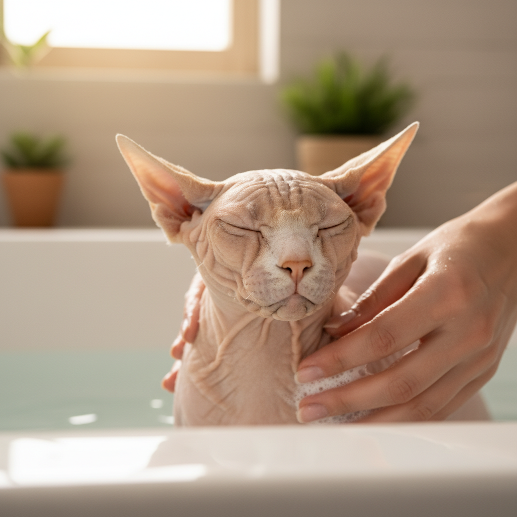 A photorealistic, heartwarming close-up shot of a hairless Sphynx cat enjoying a gentle bath