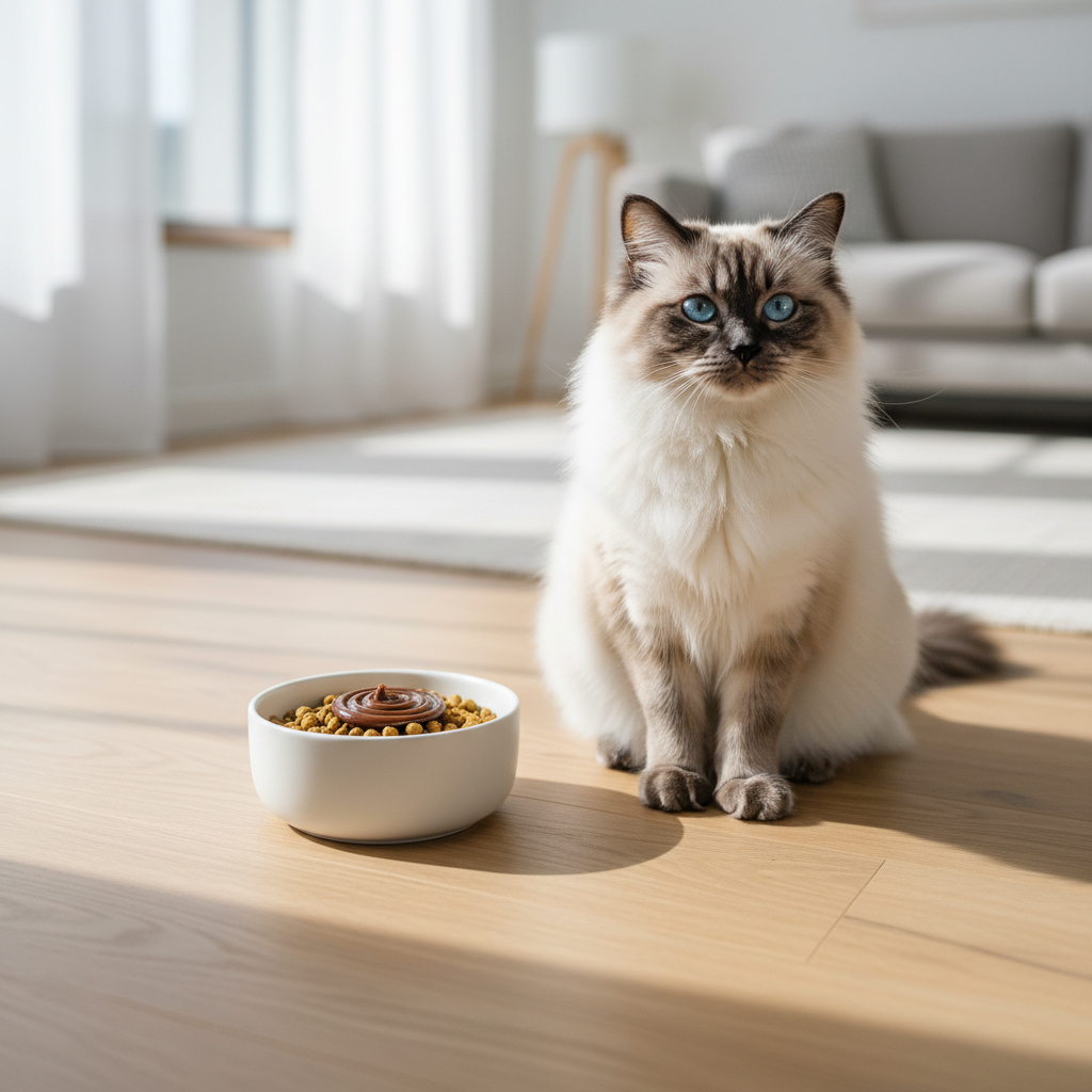 A photorealistic, bright and airy shot of a beautiful fluffy Birman cat with striking blue eyes, sitting calmly on a light-colored wooden floor