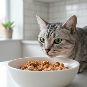 A photorealistic, close-up shot of a healthy, beautiful silver tabby cat with striking green eyes