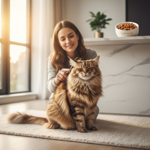 A beautiful, fluffy long-haired cat, possibly a Maine Coon or a Siberian, is being gently brushed by its owner in a modern, brightly lit living room